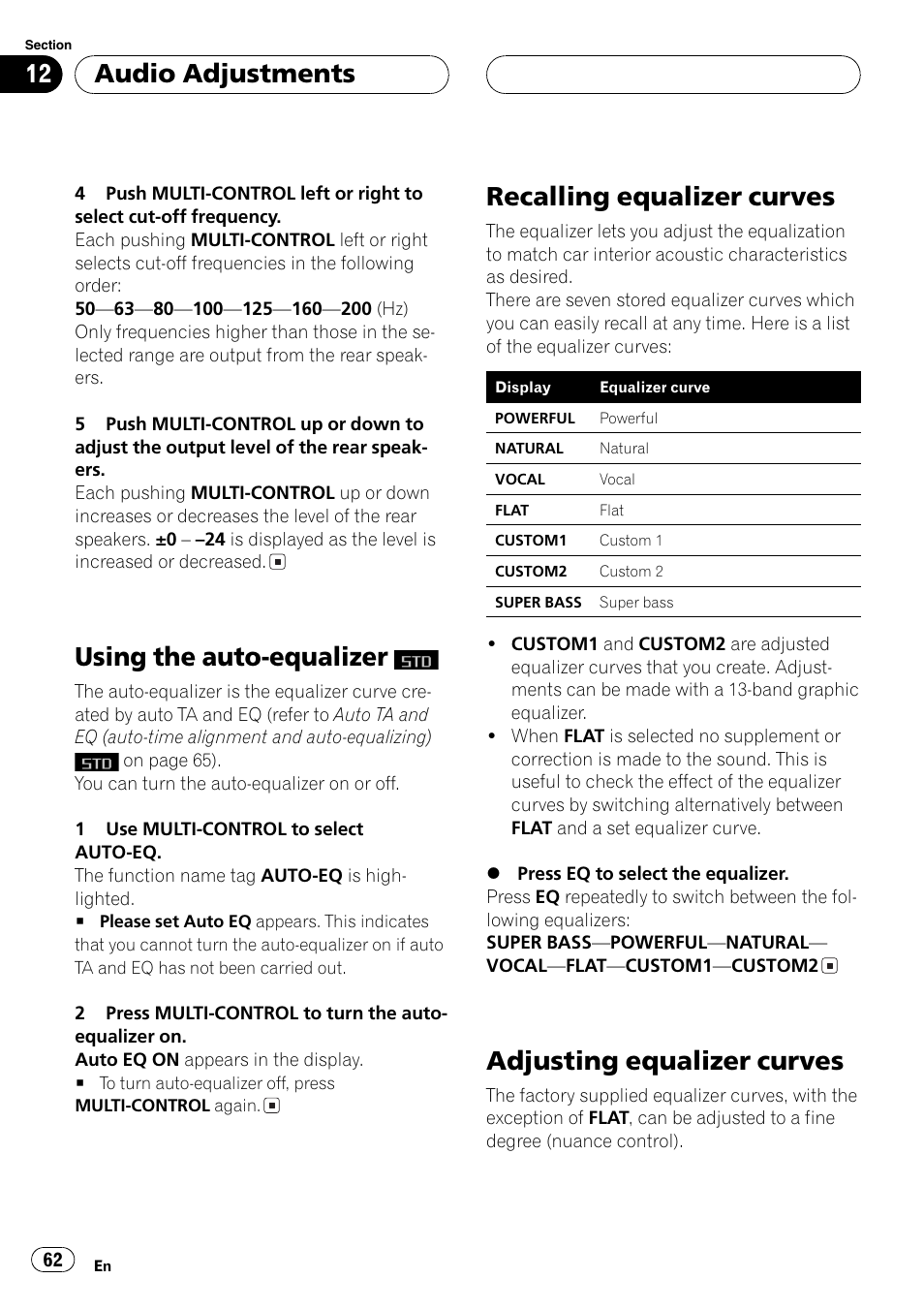 Using the auto-equalizer, Recalling equalizer curves, Adjusting equalizer curves | Audio adjustments | Pioneer DEH-P8600MP User Manual | Page 62 / 179