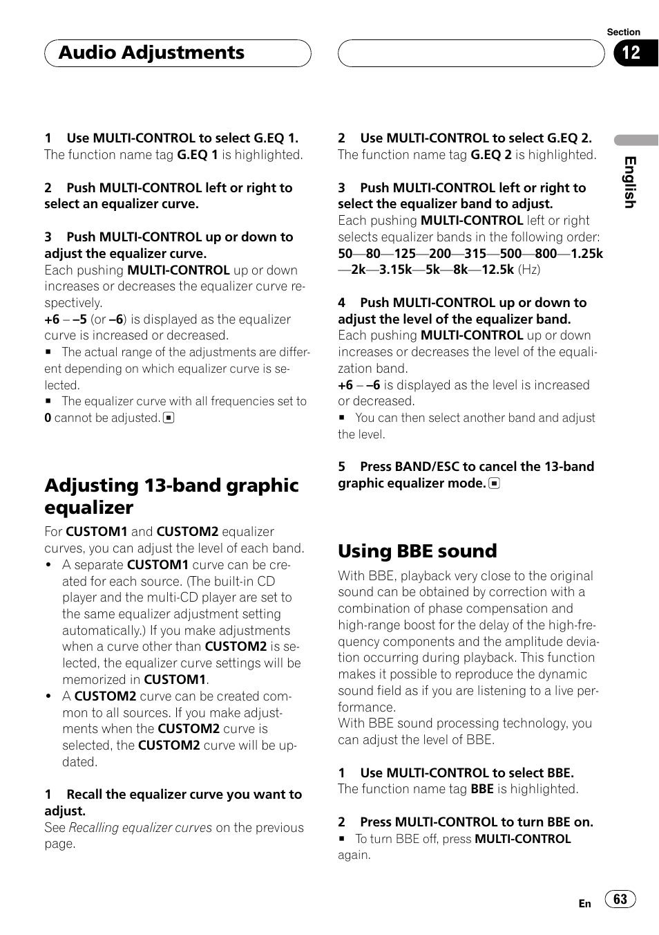 Adjusting 13-band graphic equalizer, Using bbe sound, Audio adjustments | Pioneer DEH-P8600MP User Manual | Page 63 / 179