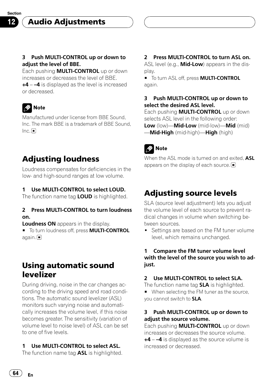 Adjusting loudness, Using automatic sound levelizer, Adjusting source levels | Audio adjustments | Pioneer DEH-P8600MP User Manual | Page 64 / 179