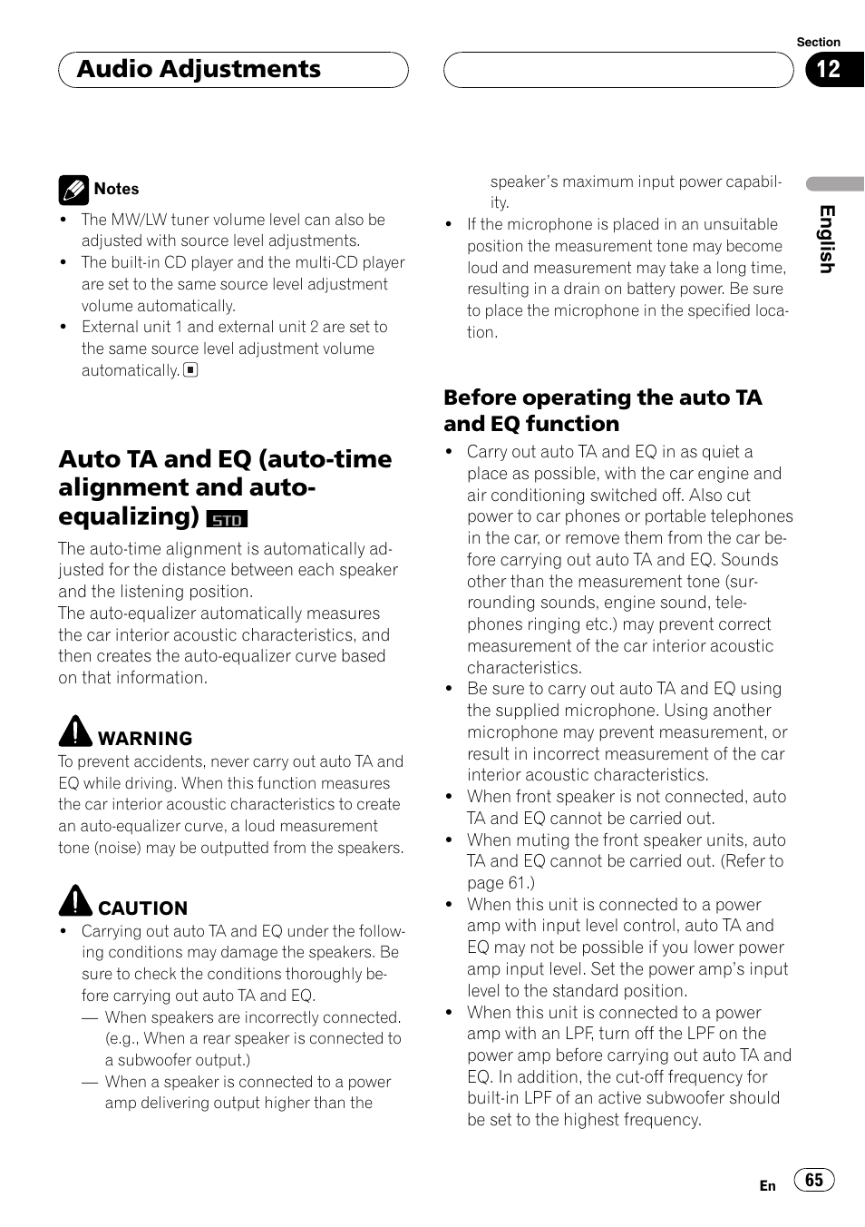 Auto ta and eq (auto-time alignment and, Auto-equalizing), Before operating the auto ta and eq | Function 65, Audio adjustments, Before operating the auto ta and eq function | Pioneer DEH-P8600MP User Manual | Page 65 / 179