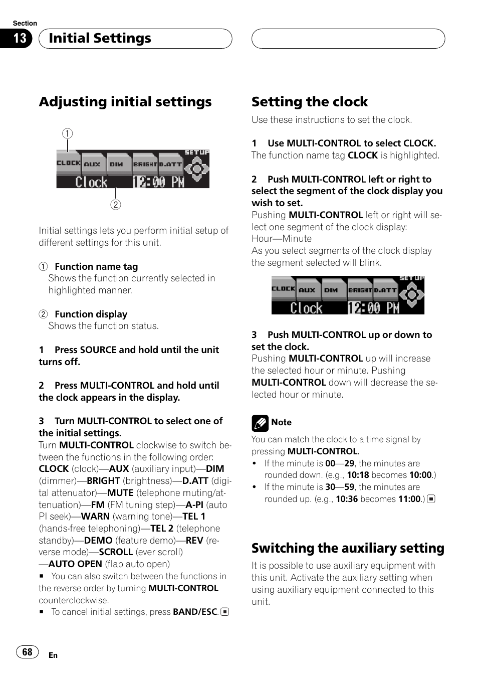 Adjusting initial settings, Setting the clock, Switching the auxiliary setting | Initial settings | Pioneer DEH-P8600MP User Manual | Page 68 / 179