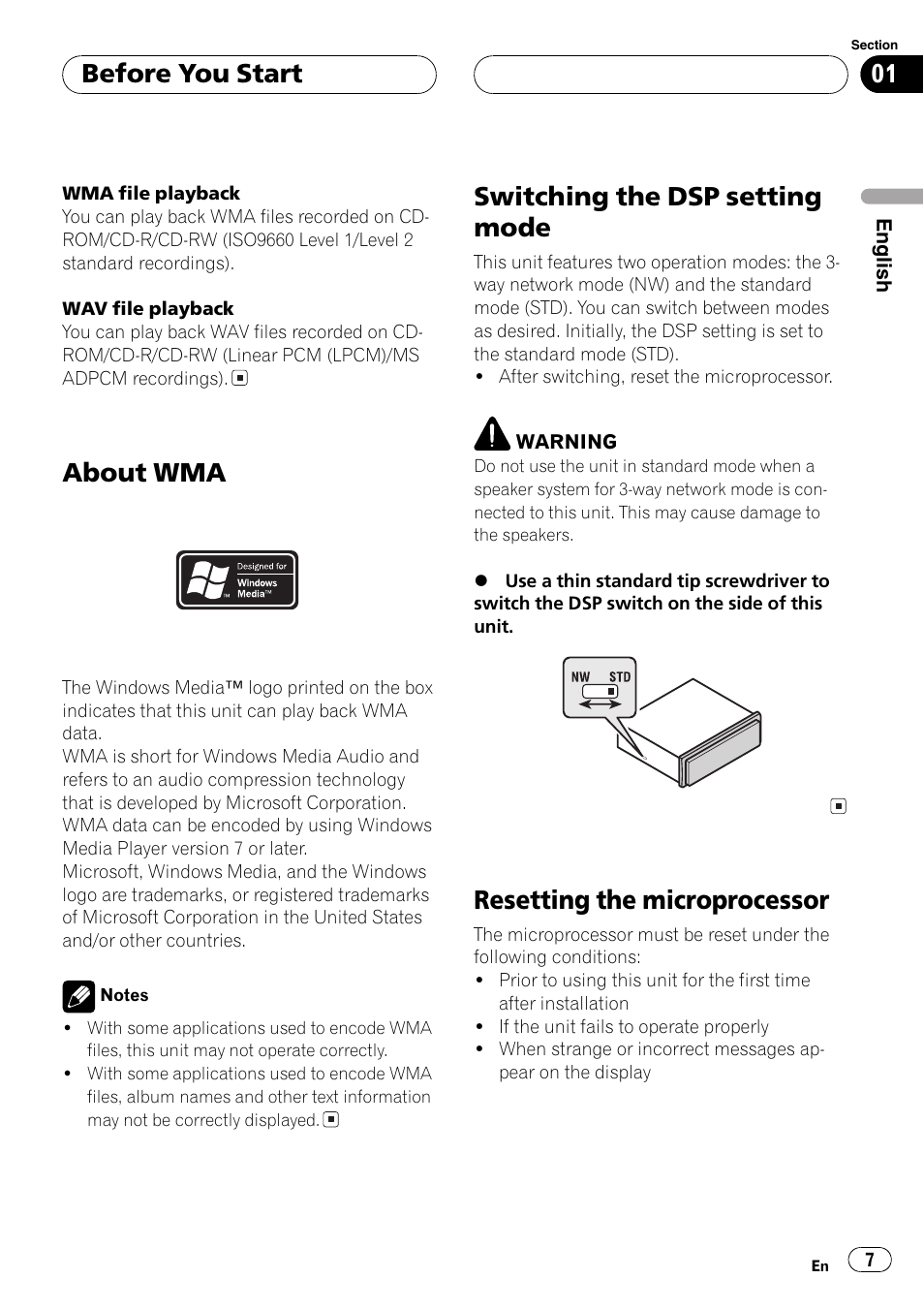 About wma, Switching the dsp setting mode, Resetting the microprocessor | Before you start | Pioneer DEH-P8600MP User Manual | Page 7 / 179