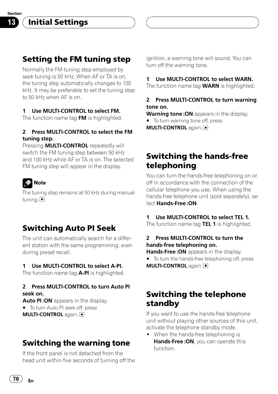 Setting the fm tuning step, Switching auto pi seek, Switching the warning tone | Switching the hands-free telephoning, Switching the telephone standby, Initial settings | Pioneer DEH-P8600MP User Manual | Page 70 / 179