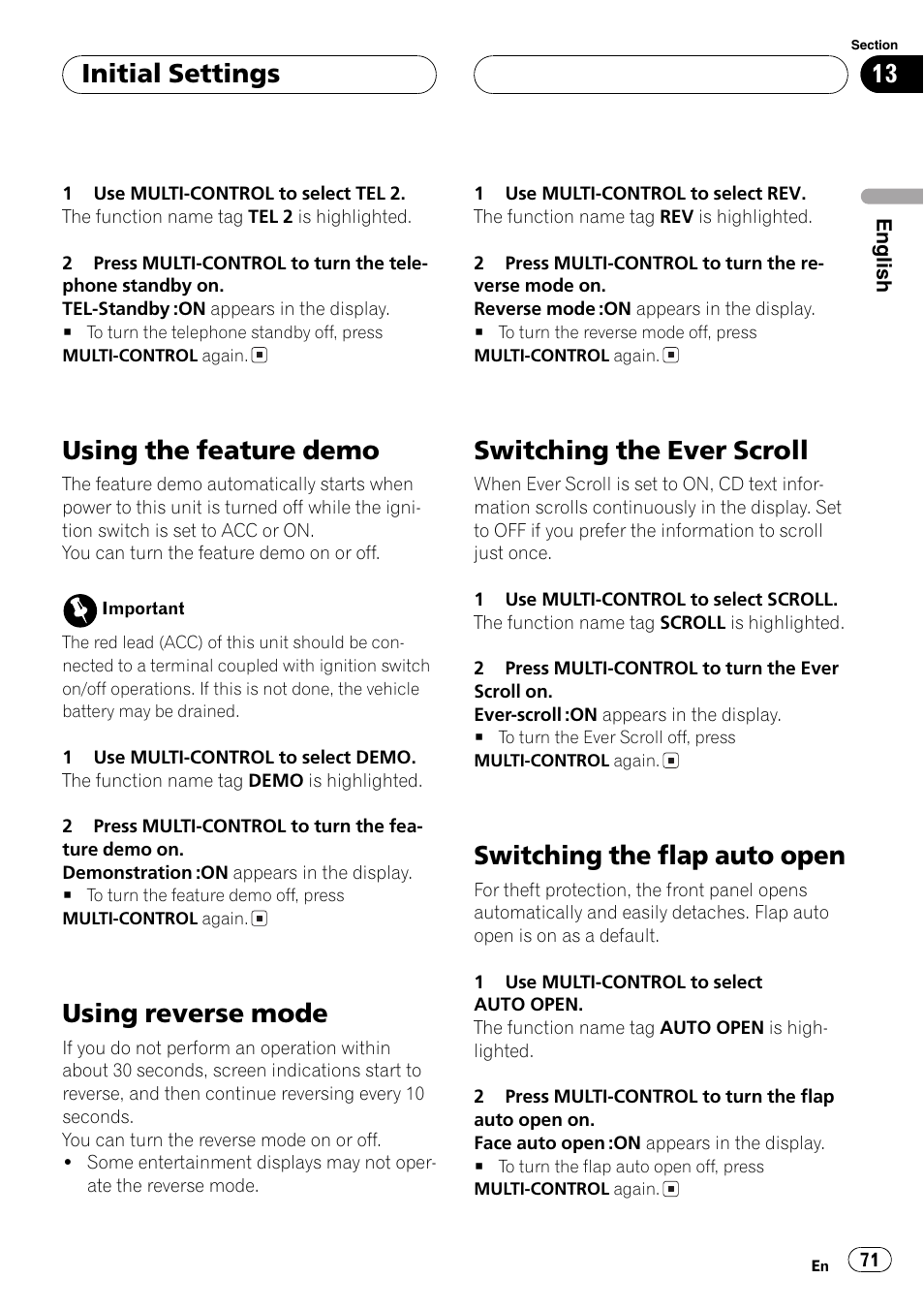 Using the feature demo, Using reverse mode, Switching the ever scroll | Switching the flap auto open, Initial settings | Pioneer DEH-P8600MP User Manual | Page 71 / 179