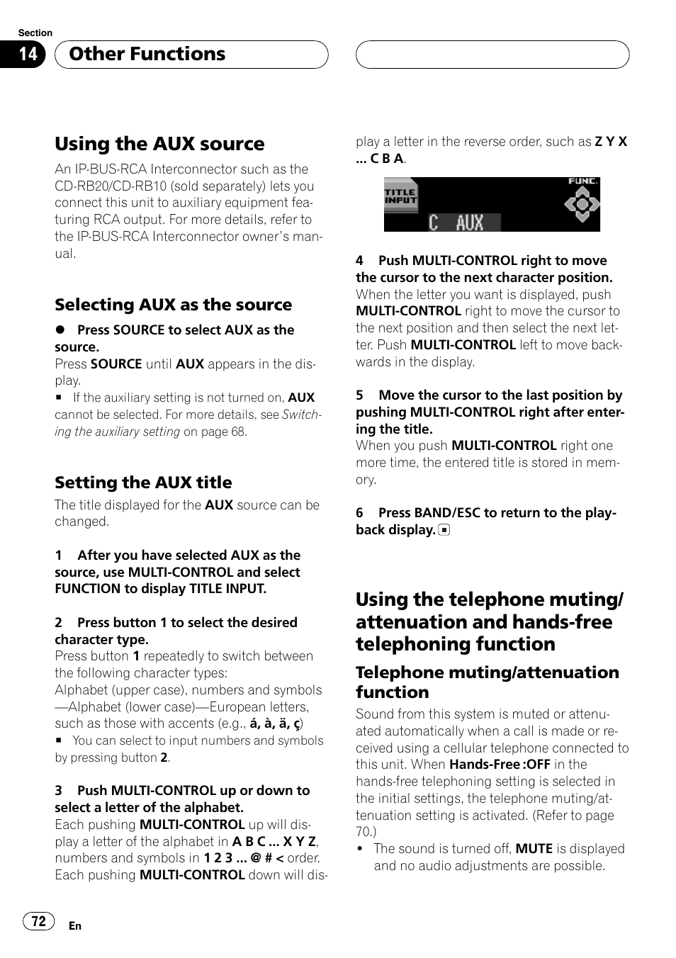 Other functions using the aux source 72, Selecting aux as the source 72, Setting the aux title 72 | Using the telephone muting/attenuation and, Hands-free telephoning function 72, Telephone muting/attenuation, Function 72, Using the aux source, Other functions | Pioneer DEH-P8600MP User Manual | Page 72 / 179