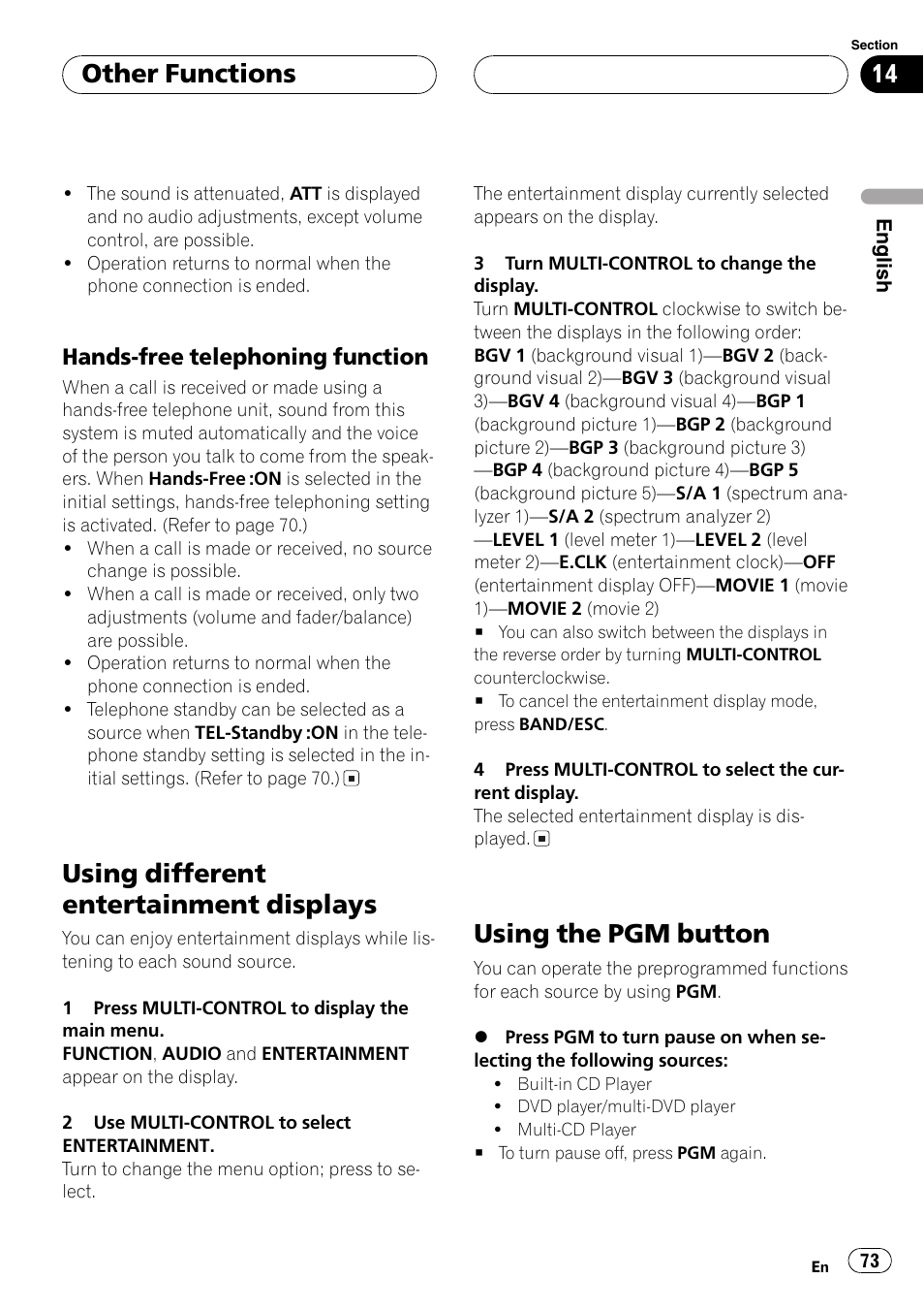 Hands-free telephoning function 73, Using different entertainment displays, Using the pgm button | Other functions, Hands-free telephoning function | Pioneer DEH-P8600MP User Manual | Page 73 / 179