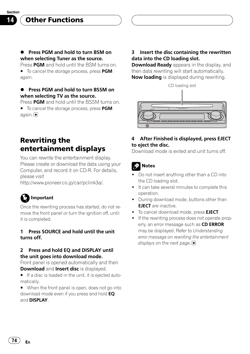 Rewriting the entertainment displays 74, Rewriting the entertainment displays, Other functions | Pioneer DEH-P8600MP User Manual | Page 74 / 179