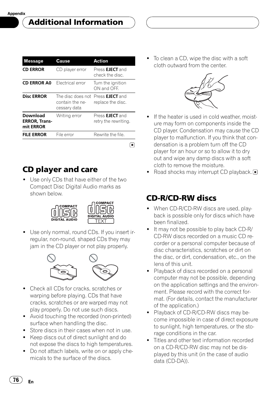 Cd player and care 76 cd-r/cd-rw discs 76, Cd player and care, Cd-r/cd-rw discs | Additional information | Pioneer DEH-P8600MP User Manual | Page 76 / 179