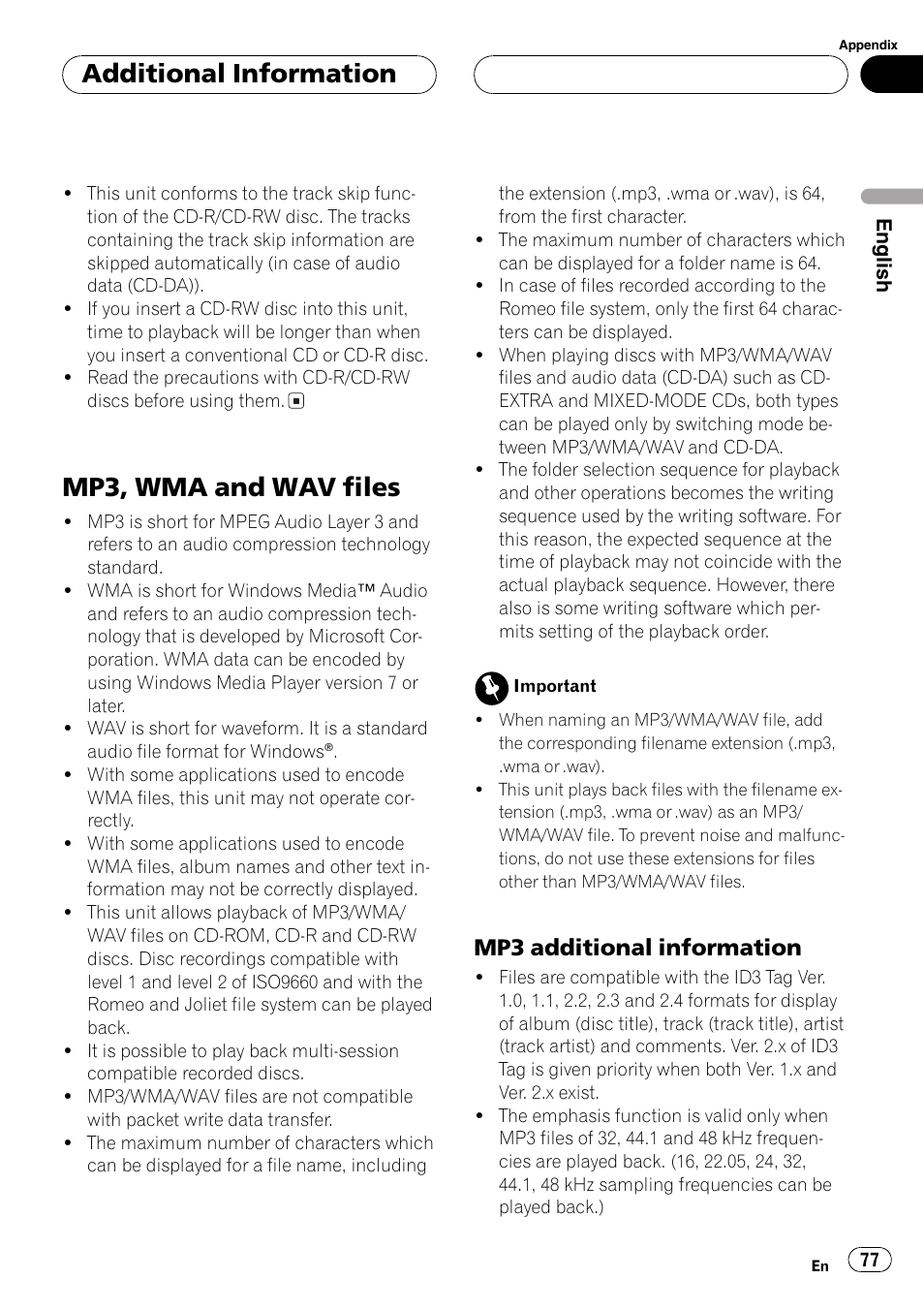 Mp3, wma and wav files 77, Mp3 additional information 77, Mp3, wma and wav files | Additional information, Mp3 additional information | Pioneer DEH-P8600MP User Manual | Page 77 / 179