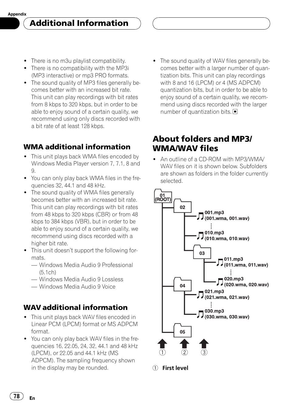 Wma additional information 78, Wav additional information 78, About folders and mp3/wma/wav files 78 | About folders and mp3/ wma/wav files, Additional information, Wma additional information, Wav additional information | Pioneer DEH-P8600MP User Manual | Page 78 / 179