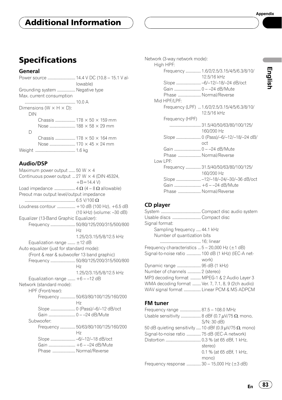 Specifications 83, Specifications, Additional information | English, General, Audio/dsp, Cd player, Fm tuner | Pioneer DEH-P8600MP User Manual | Page 83 / 179
