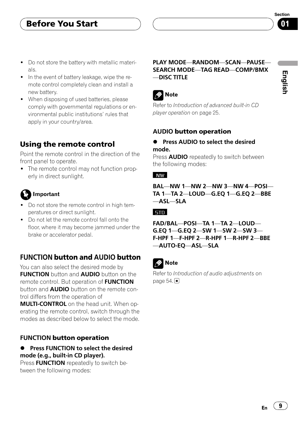 Using the remote control 9, Function button and audio, Button 9 | Before you start, Using the remote control, Function button and audio button | Pioneer DEH-P8600MP User Manual | Page 9 / 179