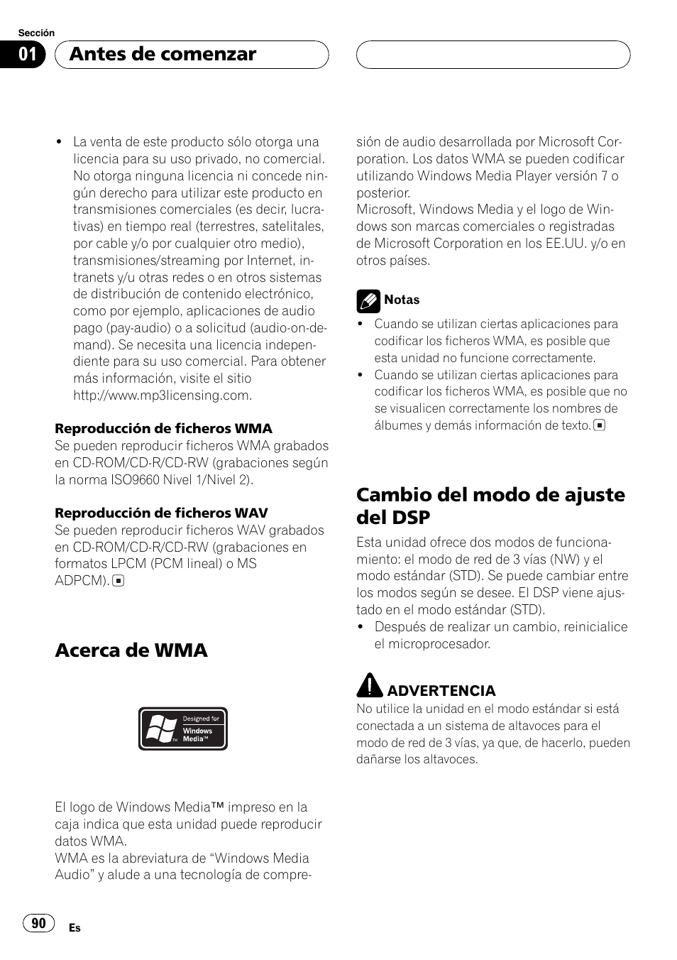 Acerca de wma 90, Cambio del modo de ajuste del dsp 90, Acerca de wma | Cambio del modo de ajuste del dsp, Antes de comenzar | Pioneer DEH-P8600MP User Manual | Page 90 / 179