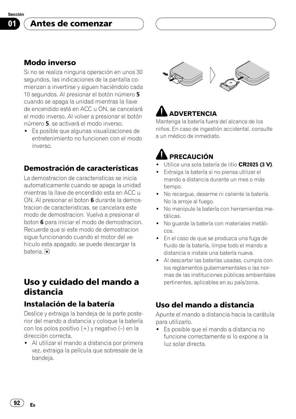 Modo inverso 92, Demostración de características 92, Uso y cuidado del mando a distancia 92 | Instalación de la batería 92, Uso del mando a distancia 92, Uso y cuidado del mando a distancia, Antes de comenzar, Modo inverso, Demostración de características, Instalación de la batería | Pioneer DEH-P8600MP User Manual | Page 92 / 179
