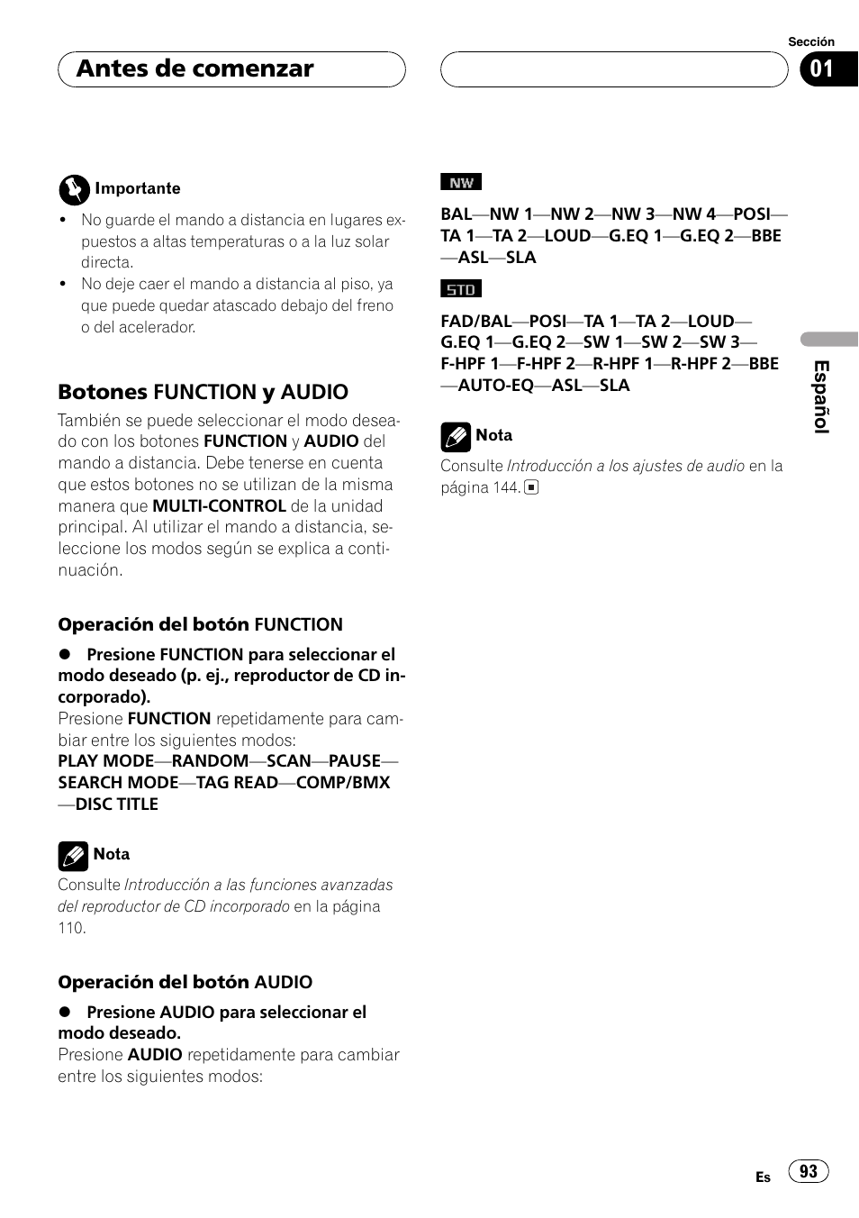 Botones function y audio 93, Antes de comenzar, Botones function y audio | Pioneer DEH-P8600MP User Manual | Page 93 / 179