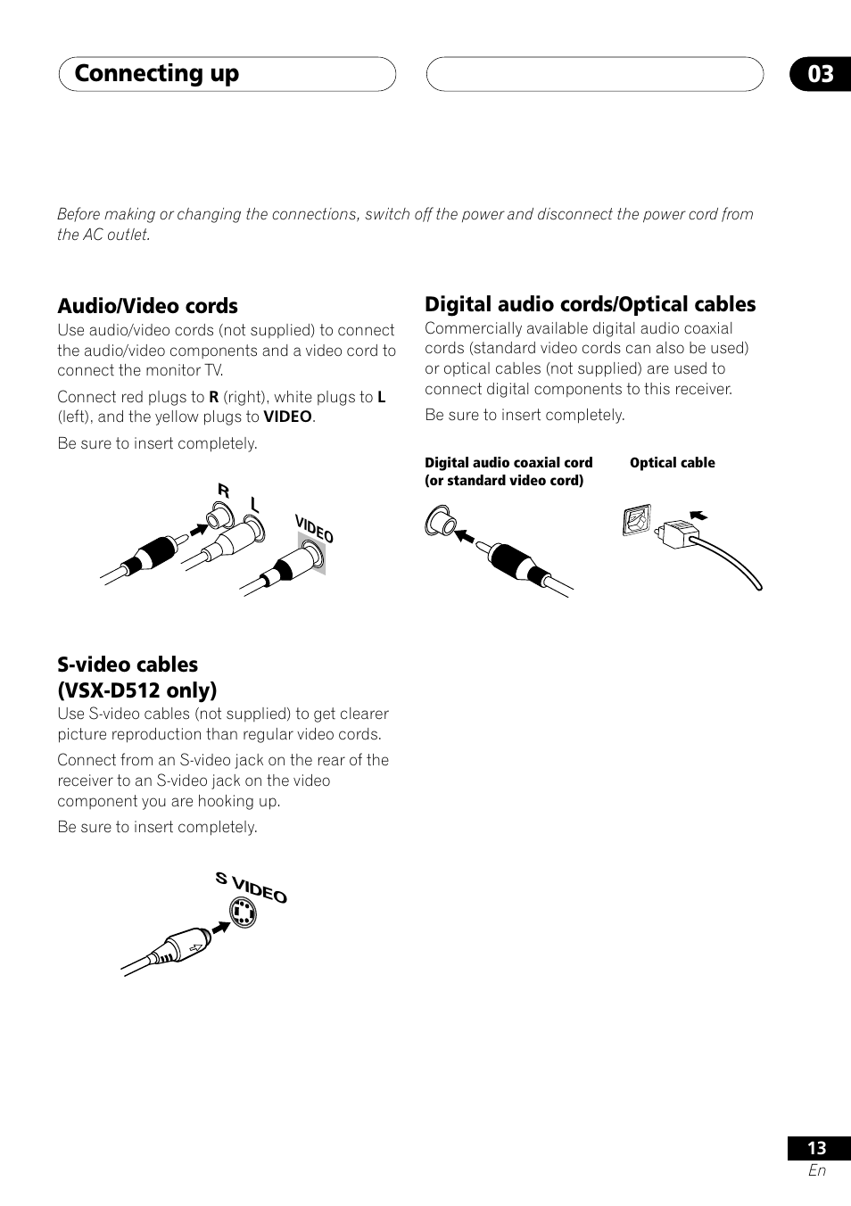 Connecting up 03, Audio/video cords, S-video cables (vsx-d512 only) | Digital audio cords/optical cables | Pioneer VSX-D412 User Manual | Page 13 / 60