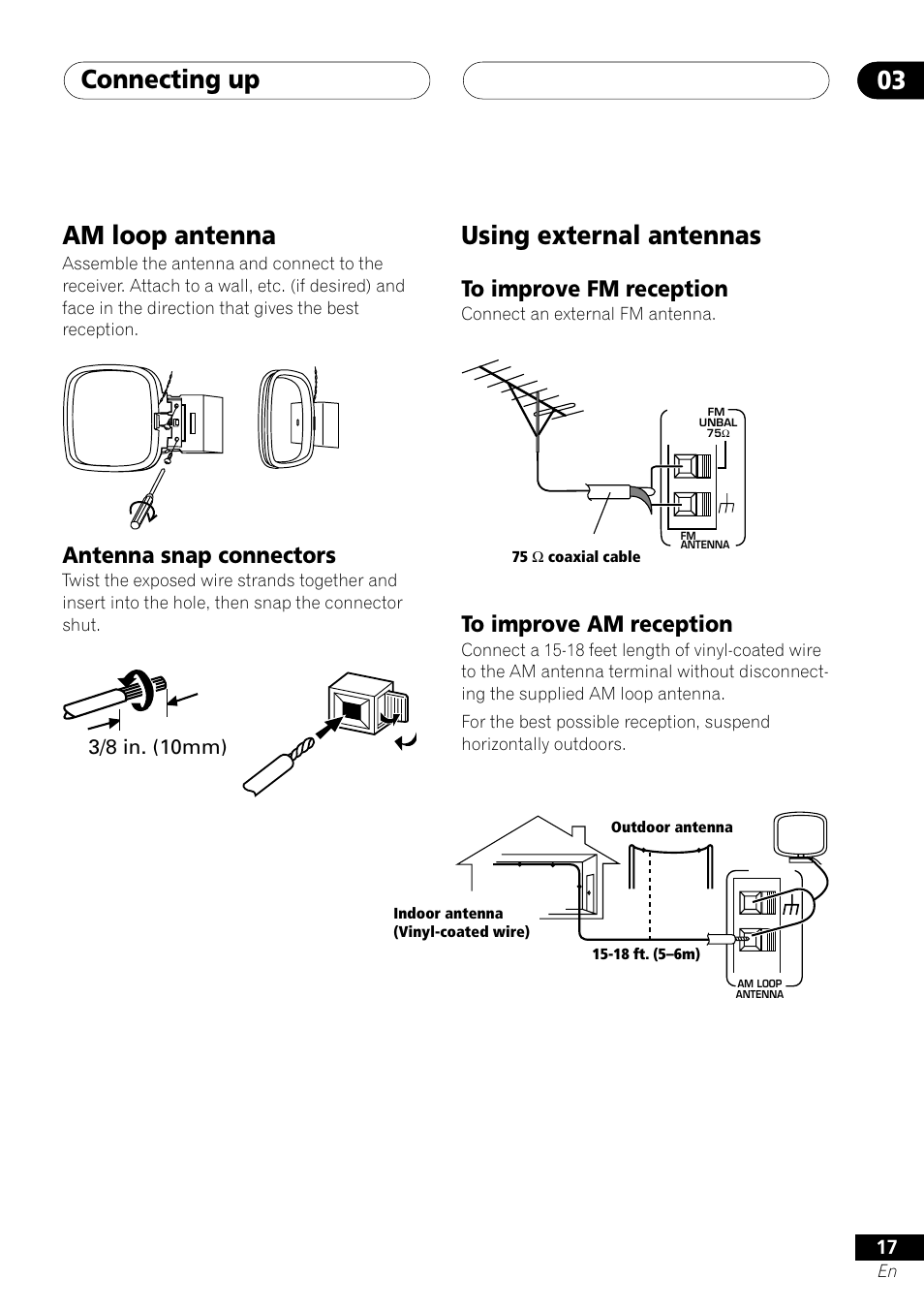Am loop antenna, Antenna snap connectors, Using external antennas | To improve fm reception to improve am reception, Connecting up 03, 3/8 in. (10mm) | Pioneer VSX-D412 User Manual | Page 17 / 60