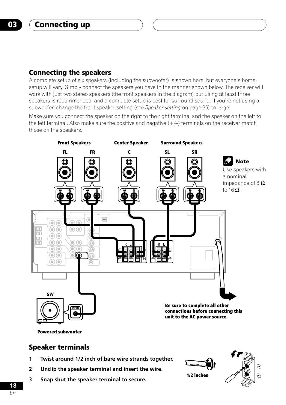 Connecting the speakers, Speaker terminals, Connecting up 03 | Pioneer VSX-D412 User Manual | Page 18 / 60