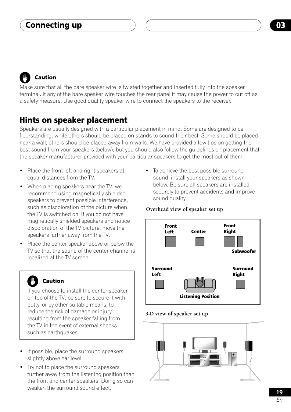 Hints on speaker placement, Connecting up 03 | Pioneer VSX-D412 User Manual | Page 19 / 60