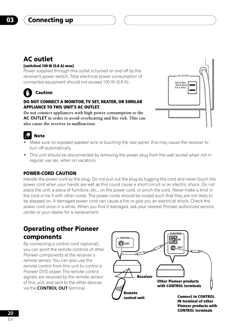 Ac outlet operating other pioneer components, Connecting up 03, Operating other pioneer components | Ac outlet | Pioneer VSX-D412 User Manual | Page 20 / 60