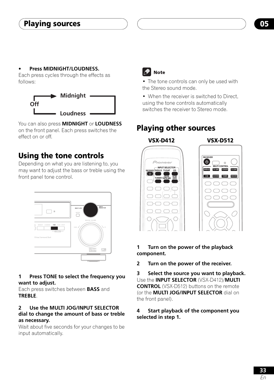 Using the tone controls playing other sources, Playing sources 05, Using the tone controls | Playing other sources, Off midnight loudness | Pioneer VSX-D412 User Manual | Page 33 / 60