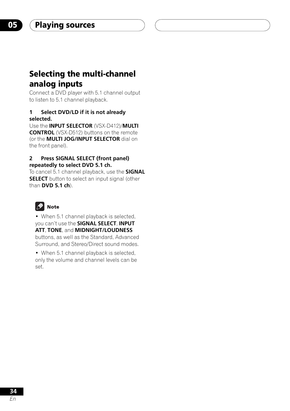 Selecting the multi-channel analog inputs, Playing sources 05 | Pioneer VSX-D412 User Manual | Page 34 / 60