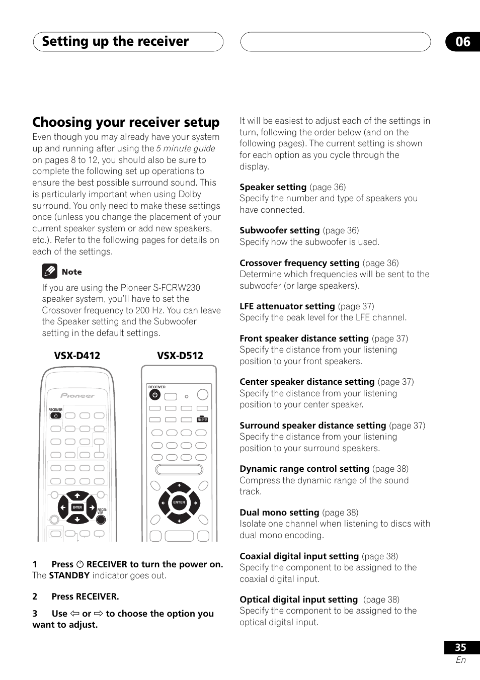 Choosing your receiver setup, Setting up the receiver 06 | Pioneer VSX-D412 User Manual | Page 35 / 60