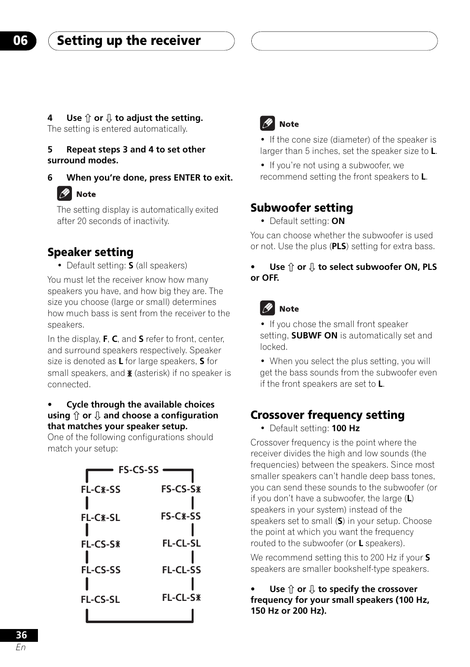 Setting up the receiver 06, Speaker setting, Subwoofer setting | Crossover frequency setting | Pioneer VSX-D412 User Manual | Page 36 / 60