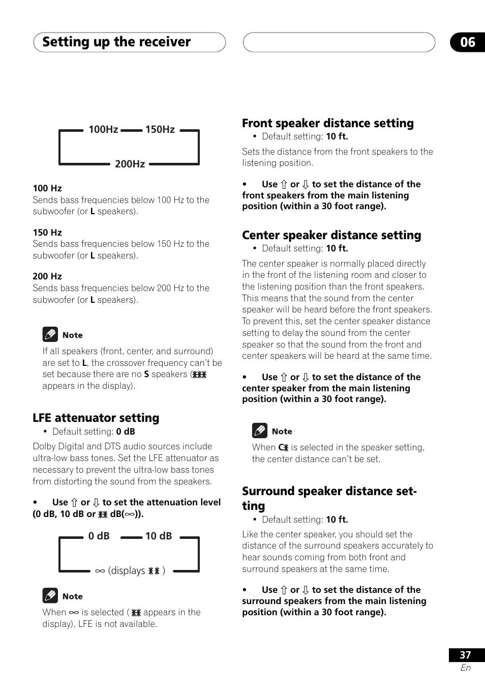 Setting up the receiver 06, Lfe attenuator setting, Front speaker distance setting | Center speaker distance setting, Surround speaker distance set- ting | Pioneer VSX-D412 User Manual | Page 37 / 60