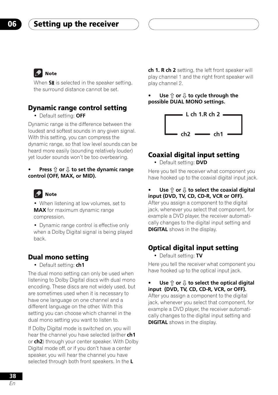 Setting up the receiver 06, Dynamic range control setting, Dual mono setting | Coaxial digital input setting, Optical digital input setting | Pioneer VSX-D412 User Manual | Page 38 / 60