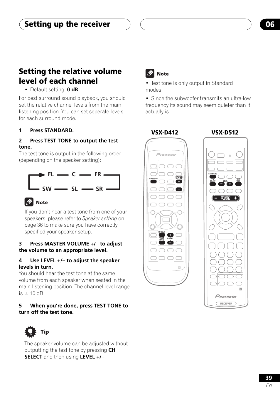 Setting the relative volume level of each channel, Setting up the receiver 06, Fl c fr sl sw sr | Pioneer VSX-D412 User Manual | Page 39 / 60