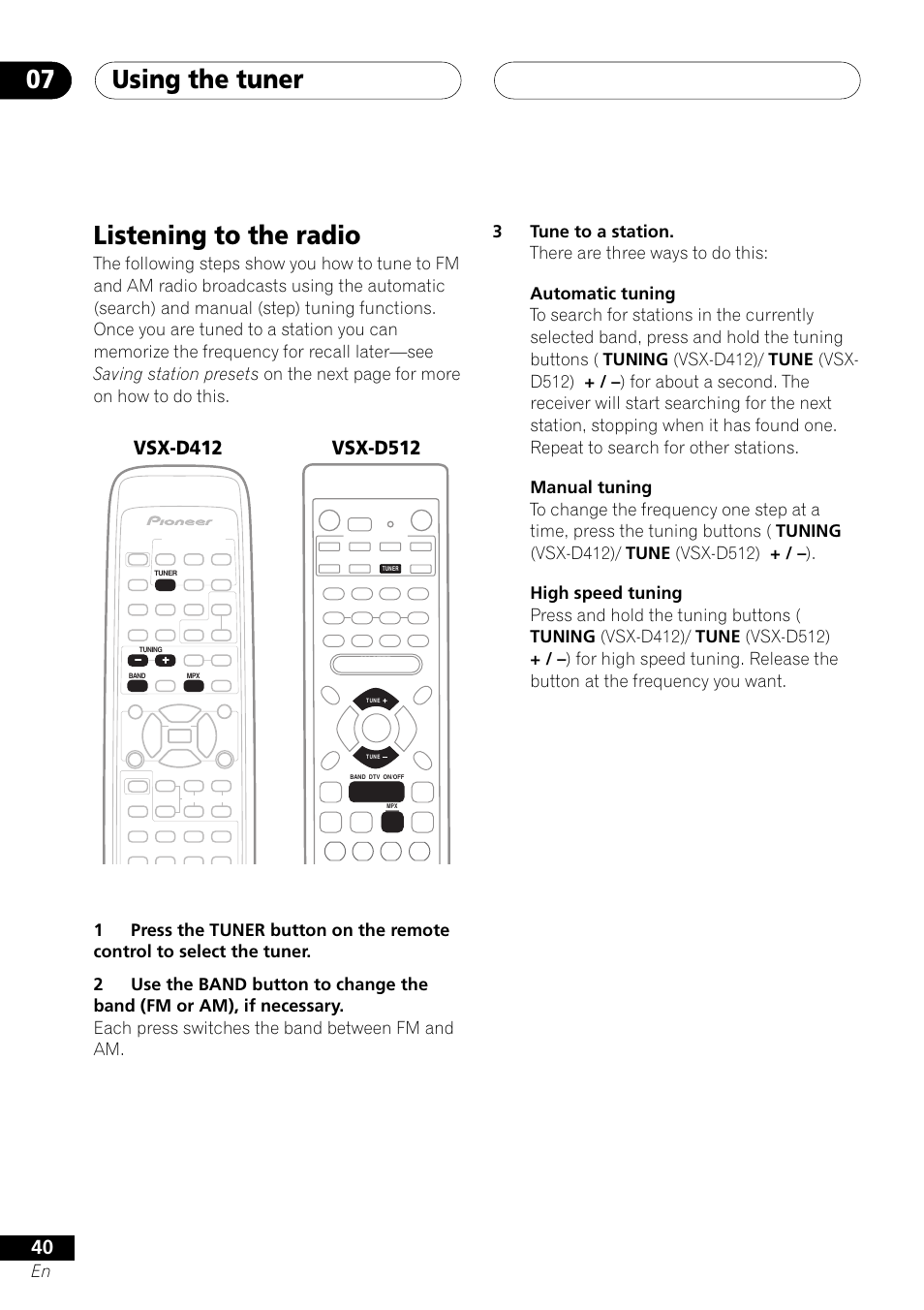 Listening to the radio, Using the tuner 07 | Pioneer VSX-D412 User Manual | Page 40 / 60