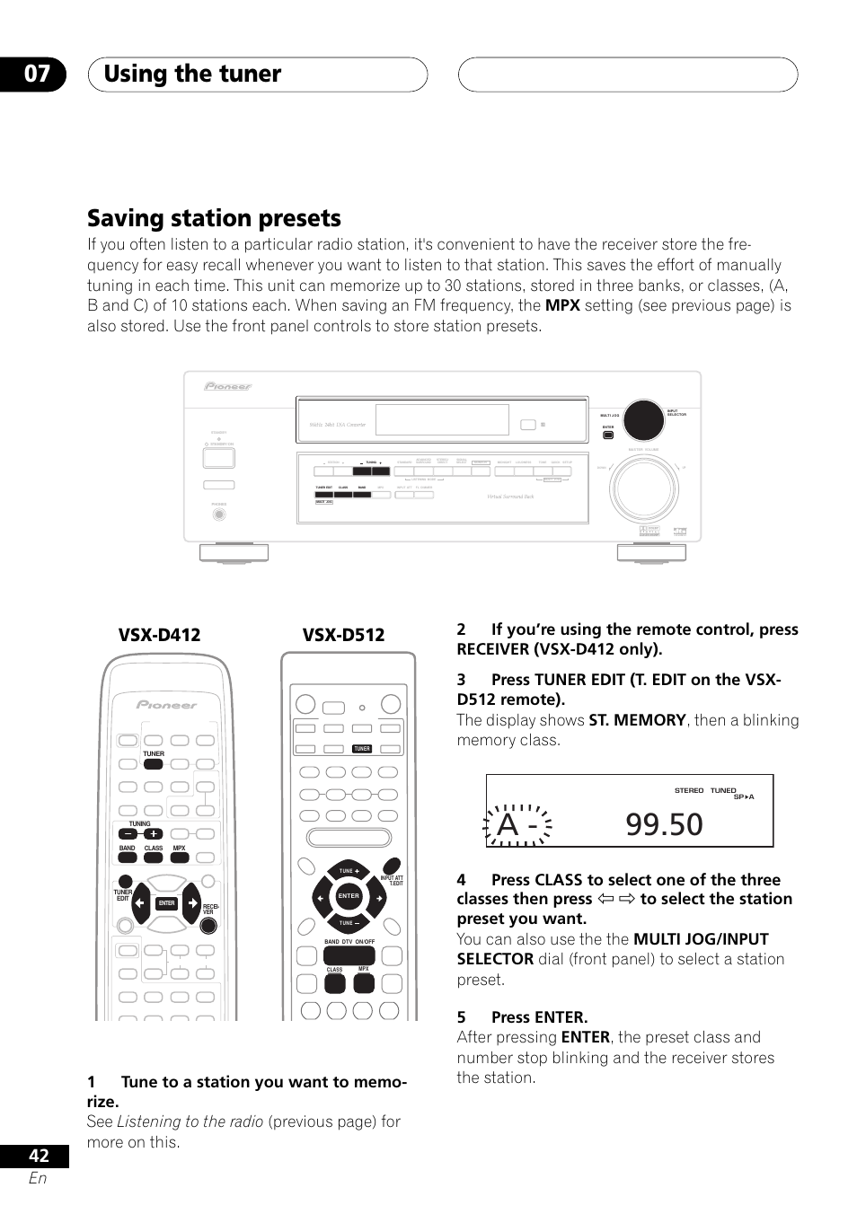 Saving station presets, A - 99.50, Using the tuner 07 | Pioneer VSX-D412 User Manual | Page 42 / 60