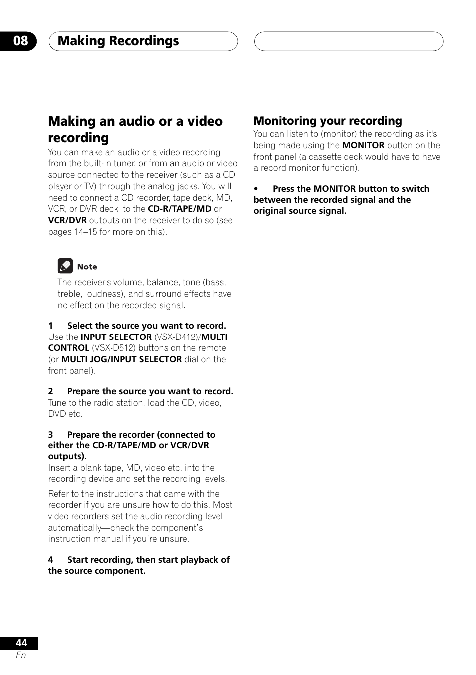 Making an audio or a video recording, Monitoring your recording, Making recordings 08 | Pioneer VSX-D412 User Manual | Page 44 / 60