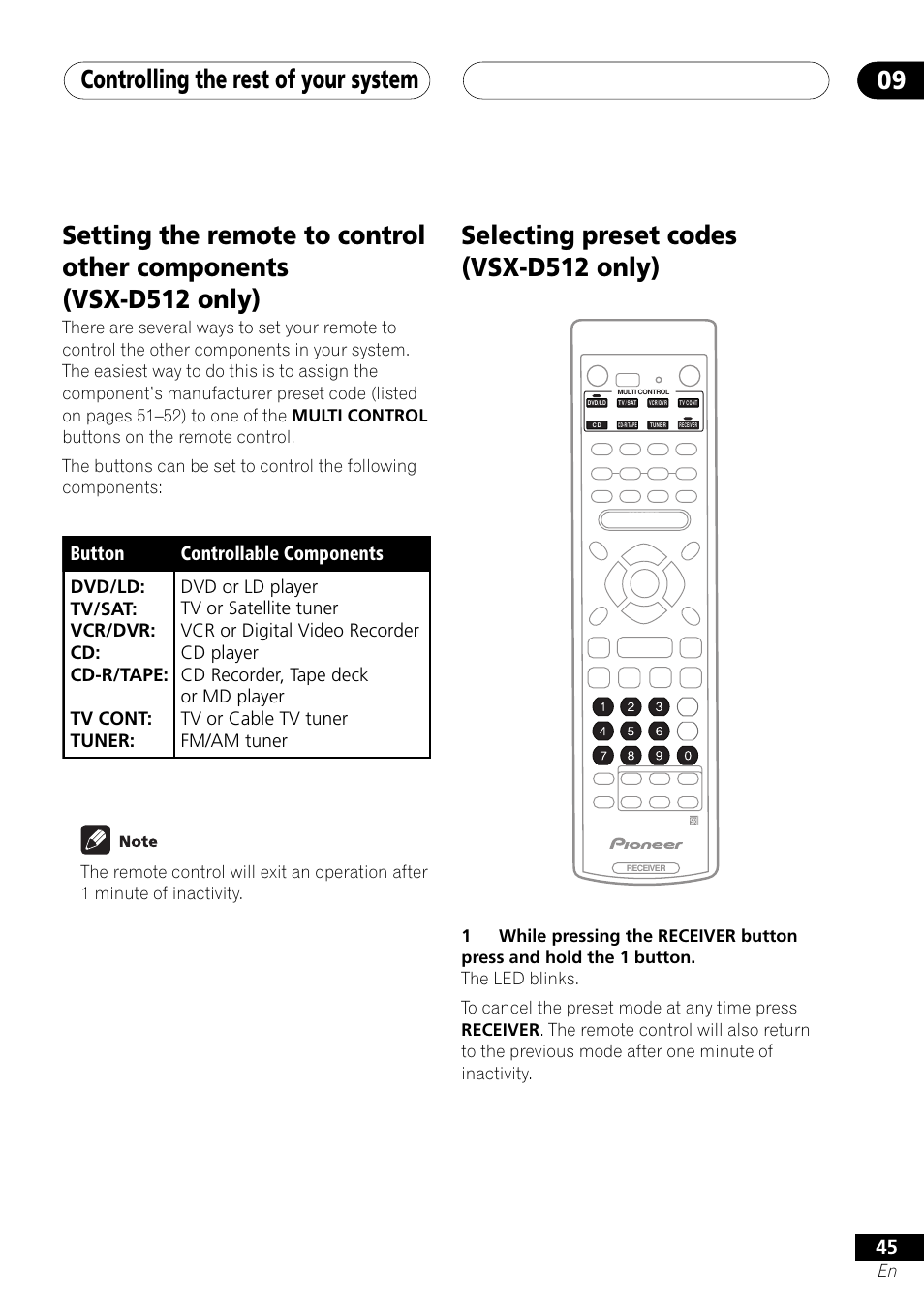 Controlling the rest of your system 09, Selecting preset codes (vsx-d512 only), Controllable components | Button | Pioneer VSX-D412 User Manual | Page 45 / 60
