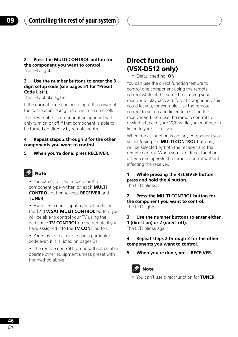 Direct function (vsx-d512 only), Controlling the rest of your system 09 | Pioneer VSX-D412 User Manual | Page 46 / 60