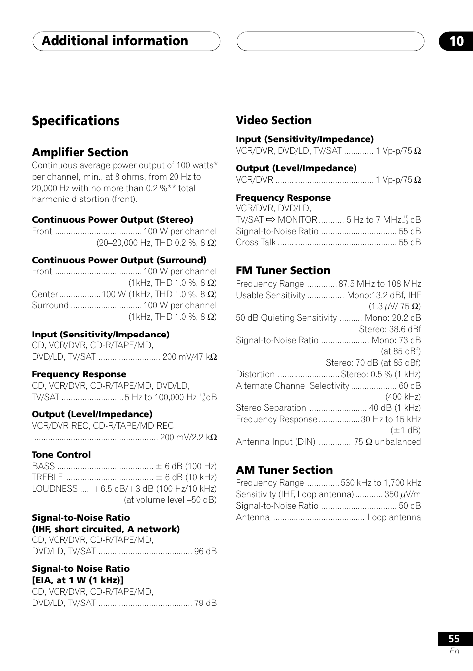 Specifications, Additional information 10 | Pioneer VSX-D412 User Manual | Page 55 / 60