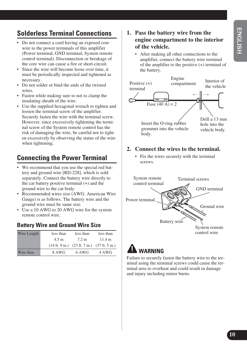 Solderless terminal connections, Connecting the power terminal, Battery wire and ground wire size | Connect the wires to the terminal, Warning | Pioneer PREMIER PRS-D4200F User Manual | Page 11 / 50