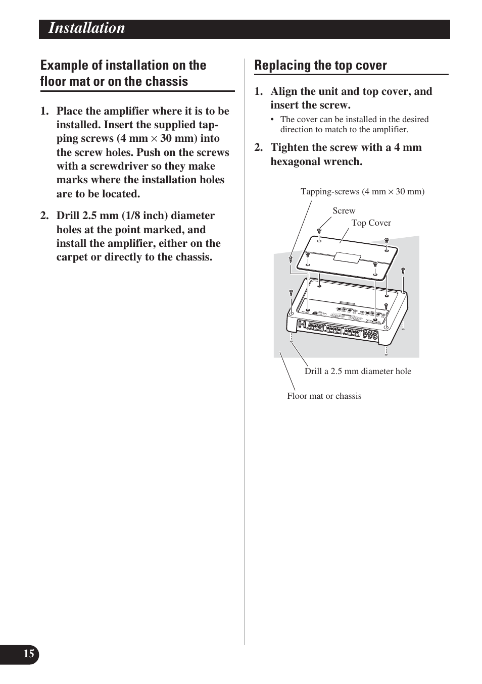 Example of installation on the floor mat, Or on the chassis, Replacing the top cover | Installation | Pioneer PREMIER PRS-D4200F User Manual | Page 16 / 50