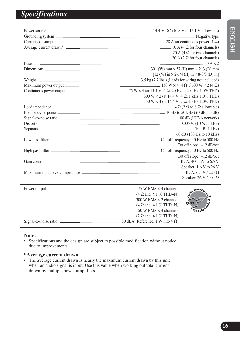 Specifications | Pioneer PREMIER PRS-D4200F User Manual | Page 17 / 50