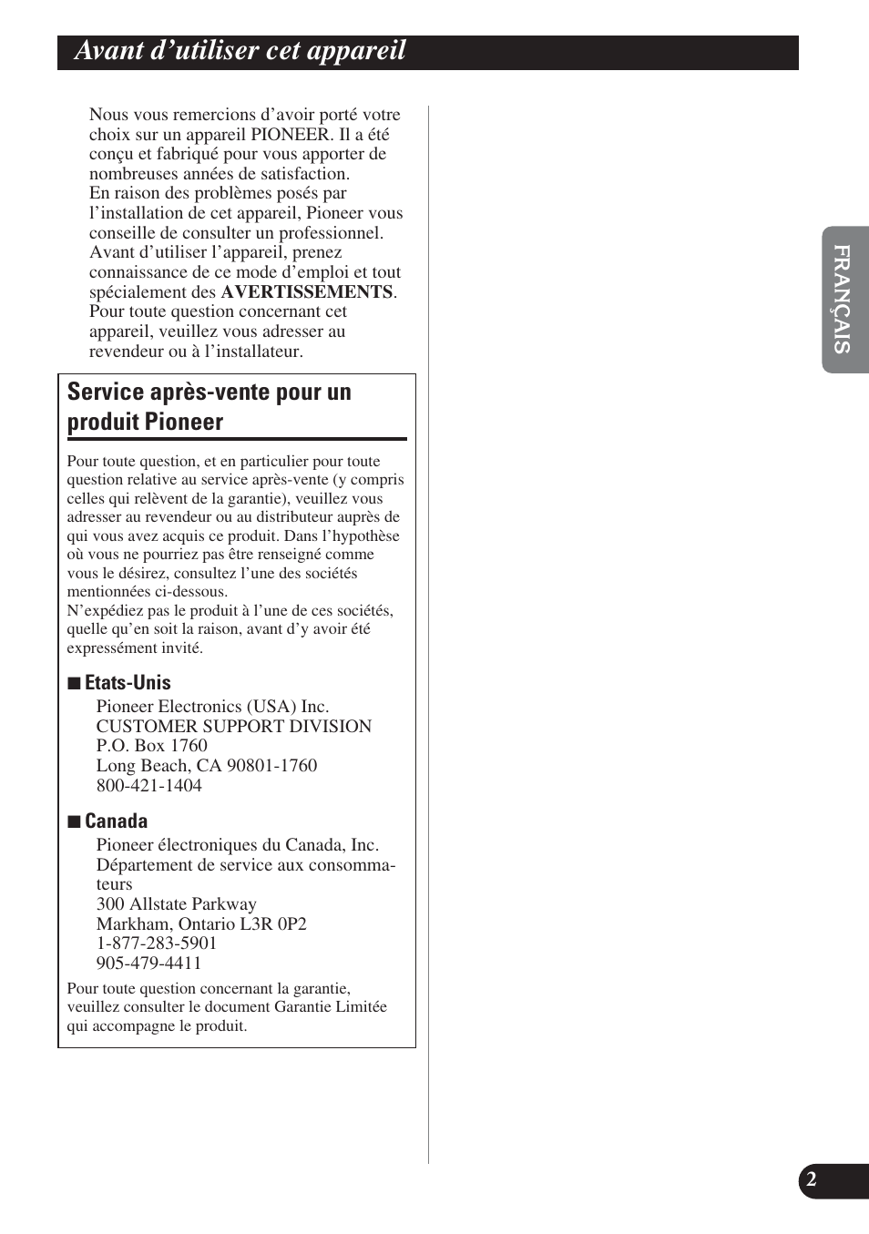 Avant d’utiliser cet appareil, Service après-vente pour un produit pioneer | Pioneer PREMIER PRS-D4200F User Manual | Page 19 / 50