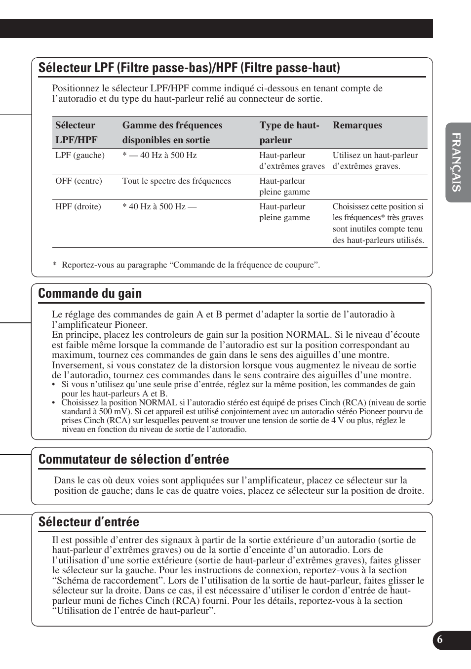 Sélecteur lpf (filtre passe-bas), Hpf (filtre passe-haut), Sélecteur d’entrée | Commande du gain, Commutateur de sélection d’entrée | Pioneer PREMIER PRS-D4200F User Manual | Page 23 / 50