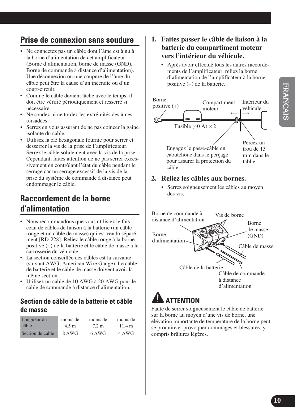 Prise de connexion sans soudure, Raccordement de la borne d’alimentation, Reliez les câbles aux bornes | Attention | Pioneer PREMIER PRS-D4200F User Manual | Page 27 / 50