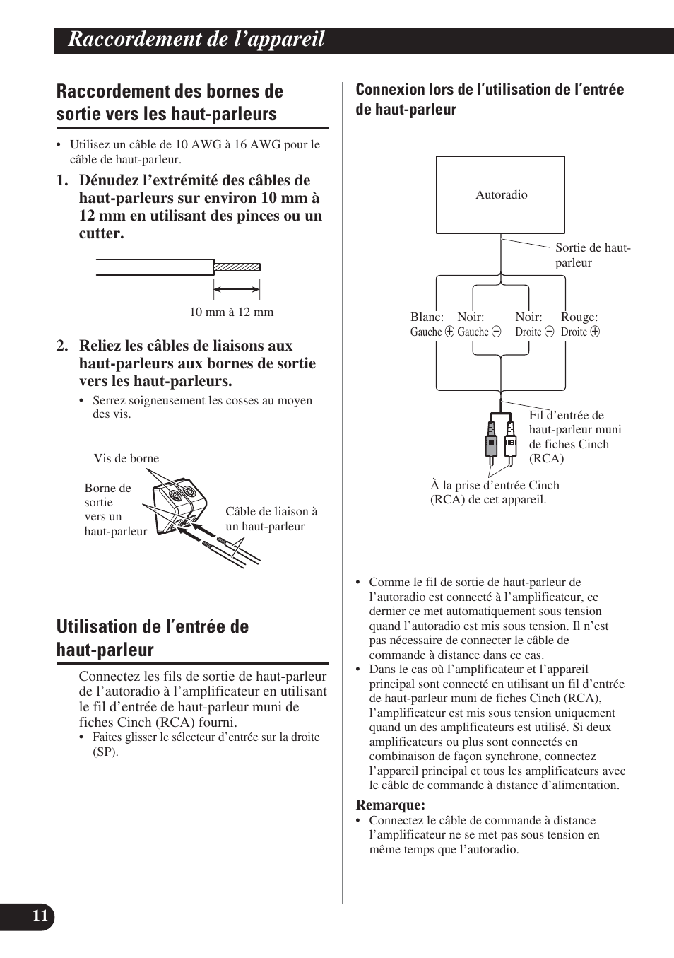 Raccordement des bornes de sortie vers, Les haut-parleurs, Utilisation de l’entrée de haut-parleur | Raccordement de l’appareil | Pioneer PREMIER PRS-D4200F User Manual | Page 28 / 50