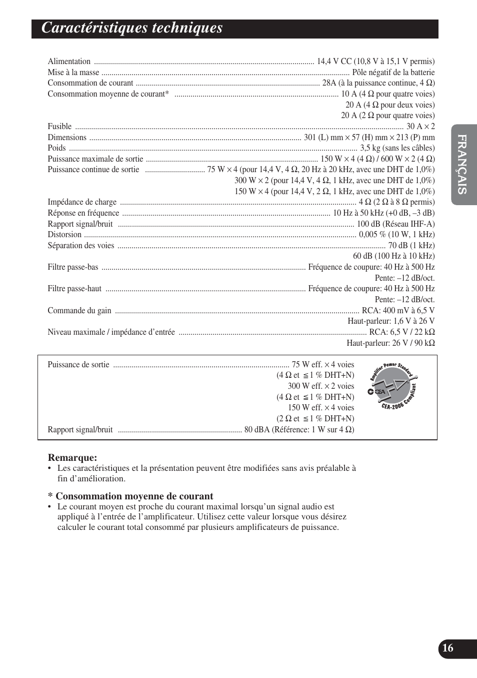 Caractéristiques techniques | Pioneer PREMIER PRS-D4200F User Manual | Page 33 / 50