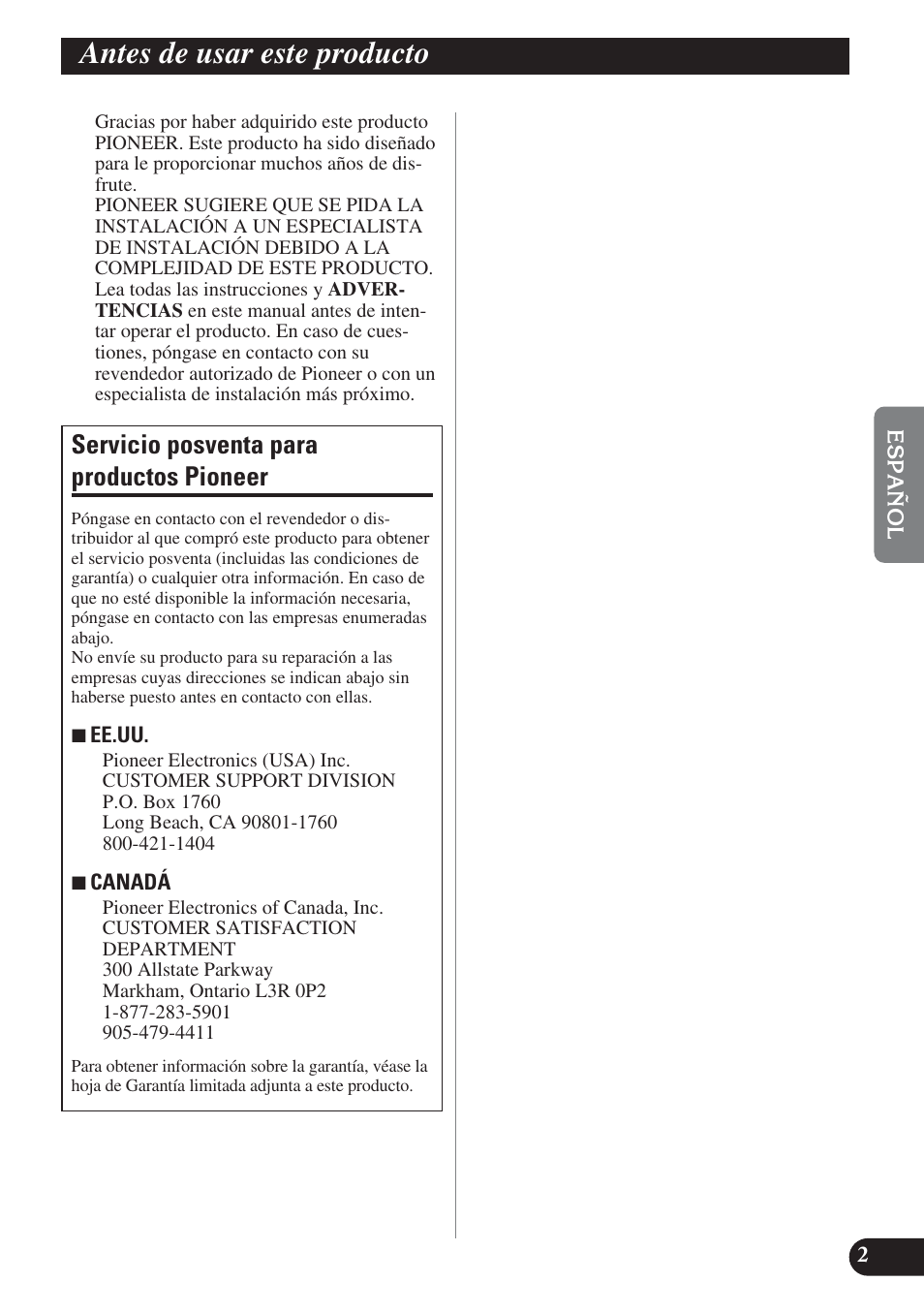 Antes de usar este producto, Servicio posventa para productos pioneer | Pioneer PREMIER PRS-D4200F User Manual | Page 35 / 50