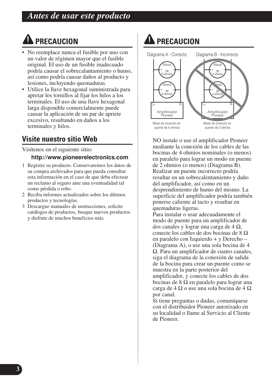 Precaucion visite nuestro sitio web precaucion, Antes de usar este producto, Precaucion | Visite nuestro sitio web | Pioneer PREMIER PRS-D4200F User Manual | Page 36 / 50