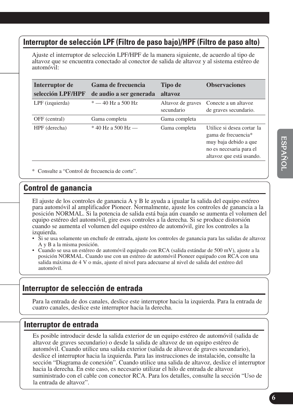 Interruptor de selección lpf (filtro de paso, Bajo)/hpf (filtro de paso alto), Control de ganancia | Interruptor de selección de entrada, Interruptor de entrada | Pioneer PREMIER PRS-D4200F User Manual | Page 39 / 50