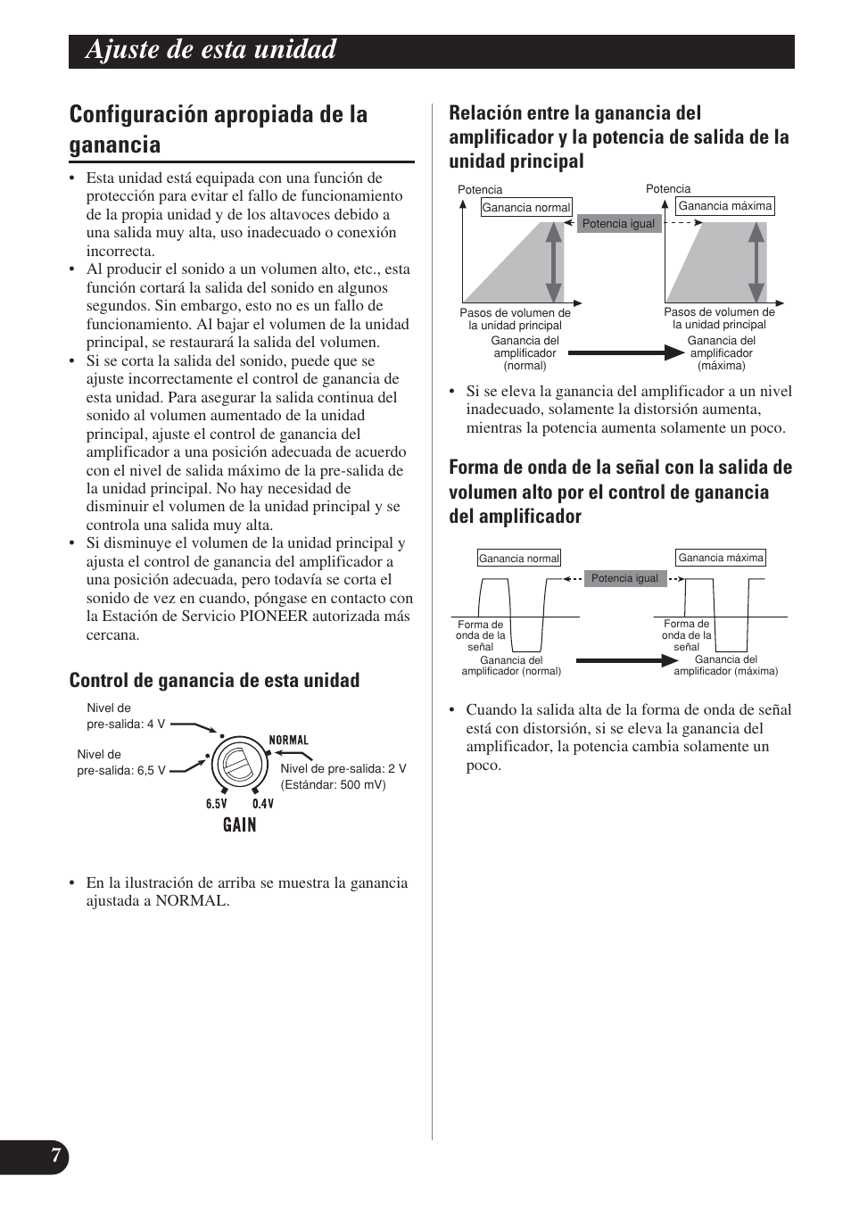 Configuración apropiada de la ganancia, Ajuste de esta unidad, Control de ganancia de esta unidad | Pioneer PREMIER PRS-D4200F User Manual | Page 40 / 50