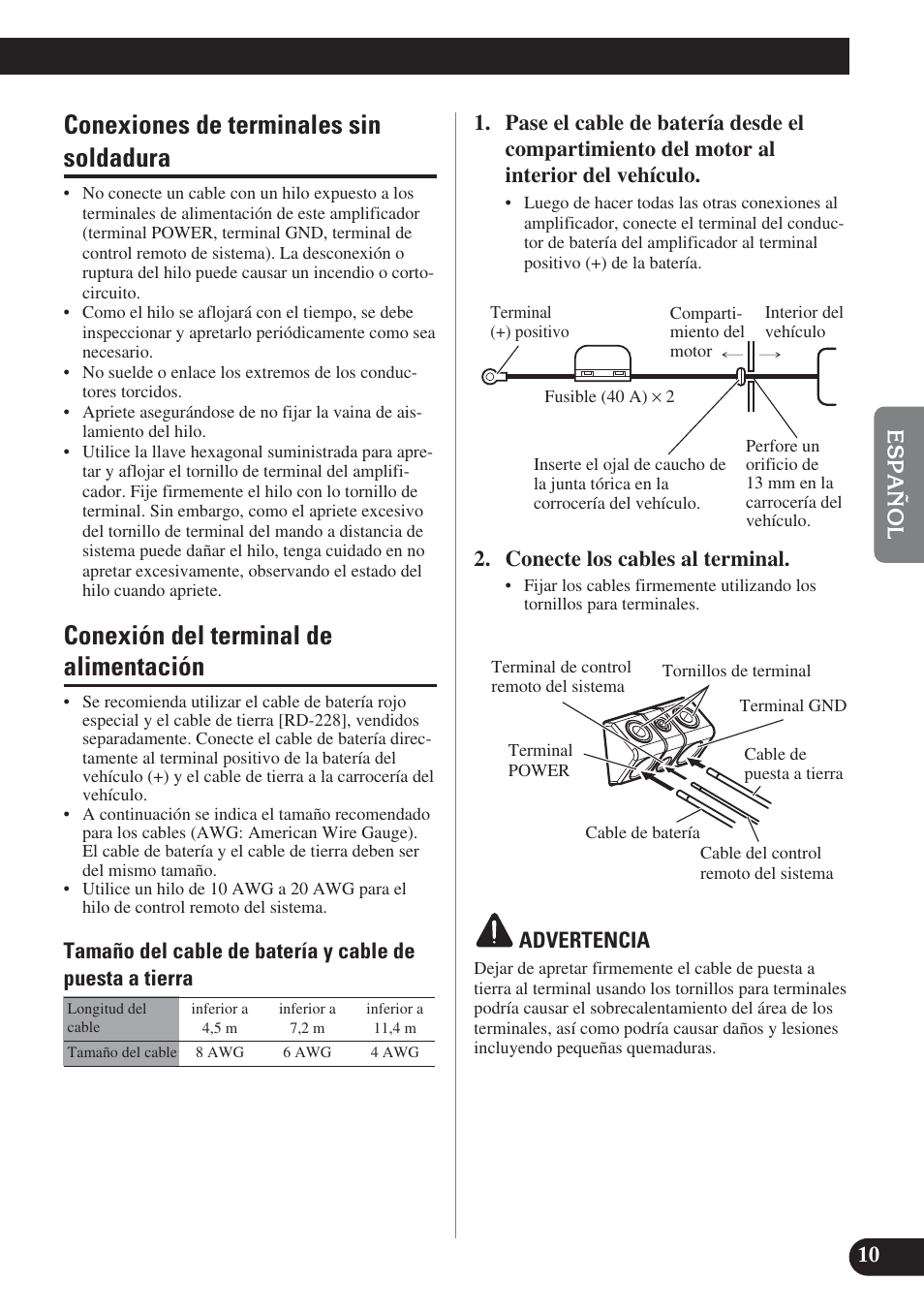 Conexiones de terminales sin soldadura, Conexión del terminal de alimentación, Conecte los cables al terminal | Advertencia | Pioneer PREMIER PRS-D4200F User Manual | Page 43 / 50